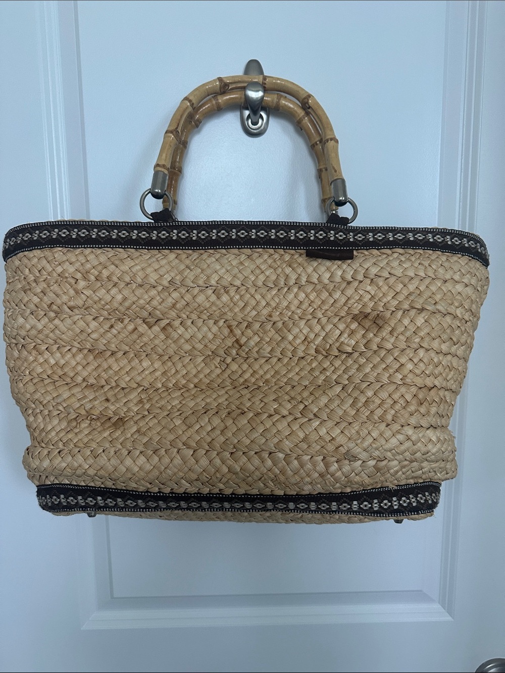 Reef Natural Straw Tote with brown Trim and Bamboo Handles
